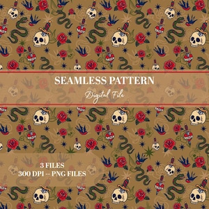 Puede incluir: Patrón sin costuras con ilustraciones estilo tatuaje. El diseño incluye calaveras, rosas, serpientes, dagas, golondrinas y corazones con la palabra "LOVE". El fondo es de color marrón. Se muestra el texto "SEAMLESS PATTERN Digital File".