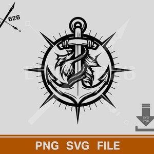 May include: Black and white illustration of an anchor with a rope wrapped around it, surrounded by a compass rose.