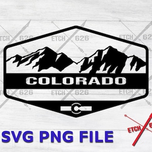 May include: Black and white graphic design of a mountain range with the word "COLORADO" in white text. The design is inside a black hexagonal shape with a black "C" inside a circle at the bottom.
