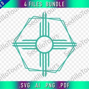 May include: A turquoise blue geometric design in the shape of a cross with a circle in the center. The design is layered and has a modern, minimalist style.