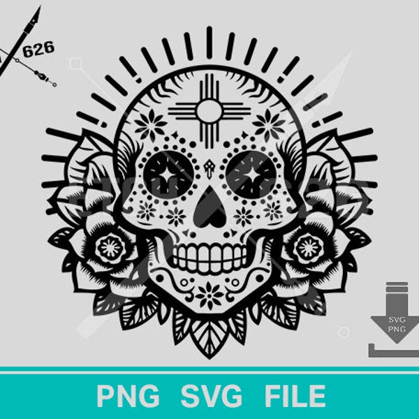 Elegant Sugar Skull and Roses vector art, PNG and SVG files, Dia de los Muertos, New Mexico zia