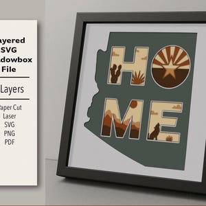 May include: Framed layered SVG shadowbox file featuring the word "HOME" within the outline of Arizona. The design includes desert landscape elements, a sunburst, and a howling wolf. The frame is black, and the artwork has seven layers.