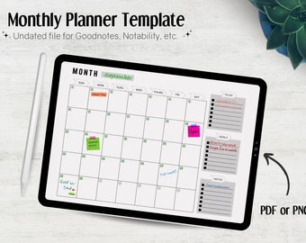Digital Monthly Planner Undated, Goodnotes, light mode, notability, planner template, minimalistic pdf png