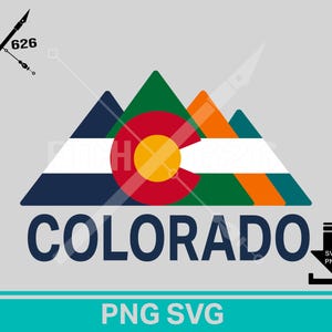 May include: A vector graphic of the Colorado state flag, with a central red circle and yellow centre, set against green, orange, and blue triangles representing mountains. The word "COLORADO" is displayed below in navy blue, with "PNG SVG" at the bottom.