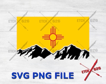 Bandera del estado de Nuevo México con montañas, archivos SVG y PNG para corte láser (descarga digital).