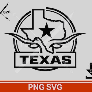 Könnte beinhalten: Schwarz-weiß Grafik mit dem Umriss des Bundesstaates Texas, einem Stern, Longhorn-Hörnern und dem Wort "TEXAS" in einem Rechteck. Der Text "PNG SVG" und ein Download-Symbol sind ebenfalls enthalten.