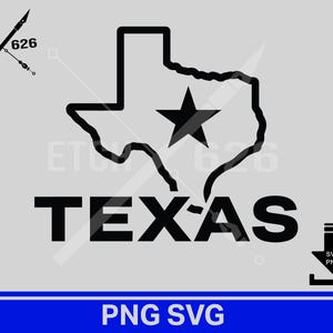 Könnte beinhalten: Schwarz-weiße Grafik des Bundesstaates Texas mit einem Stern in der Mitte. Das Wort "TEXAS" steht unter der Umrisslinie des Staates. Enthält den Text "PNG SVG" in einem blauen Banner.
