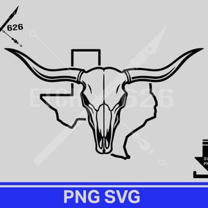 Könnte beinhalten: Schwarz-weiße Grafik eines Longhorn-Schädels, überlagert mit dem Umriss des Bundesstaates Texas. Das Bild enthält den Text "ETCH 626" und "PNG SVG". Ein Download-Symbol ist ebenfalls vorhanden.