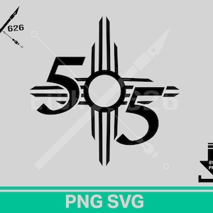 Puede incluir: Un diseño gráfico negro que presenta el número 505 integrado con un símbolo de sol Zia. El texto ETCH 626 aparece en la esquina superior izquierda, y un icono de descarga con el texto SVG PNG se encuentra en la esquina inferior derecha.