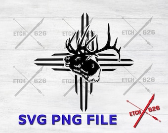 May include: Black and white graphic of an elk head with large antlers, centered within a cross-like design. The text "SVG PNG FILE" is displayed in blue at the bottom. The background is a light wood grain pattern.