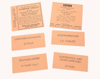 Lot de 6 étiquettes pour flacon de pilules, Atabrine, Aspirine, pour reconstitution de l'armée américaine WW2, Service médical américain, Reproduction