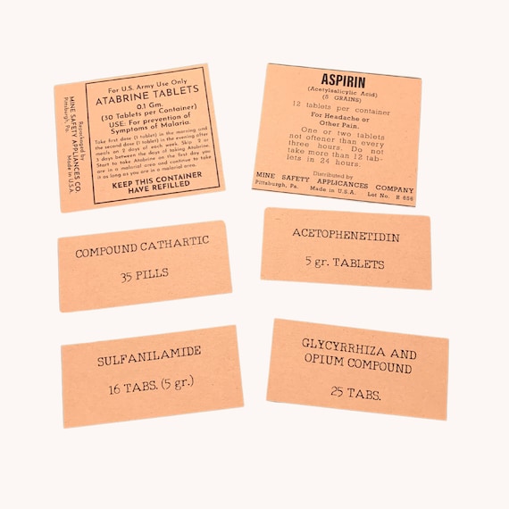 Pill Vial Labels, set of 6 Labels, Atabrine, Aspirin, for WW2 US Army Reenactment, US Medical Department, Reproduction