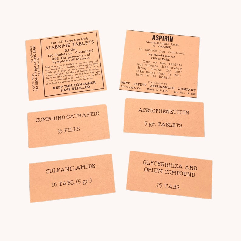 Pill Vial Labels, set of 6 Labels, Atabrine, Aspirin, for WW2 US Army Reenactment, US Medical Department, Reproduction image 1