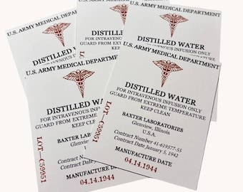 Distilled Water Labels, for WW2 US Army Reenactment, US Medical Department, Reproduction