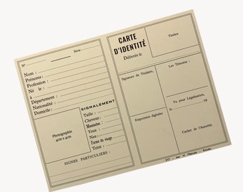 Könnte beinhalten: Eine französische Personalausweis-Vorlage im Vintage-Stil mit Feldern für persönliche Daten, ein Foto und eine Unterschrift. Die Karte ist auf cremefarbenem Papier mit schwarzem Text gedruckt.