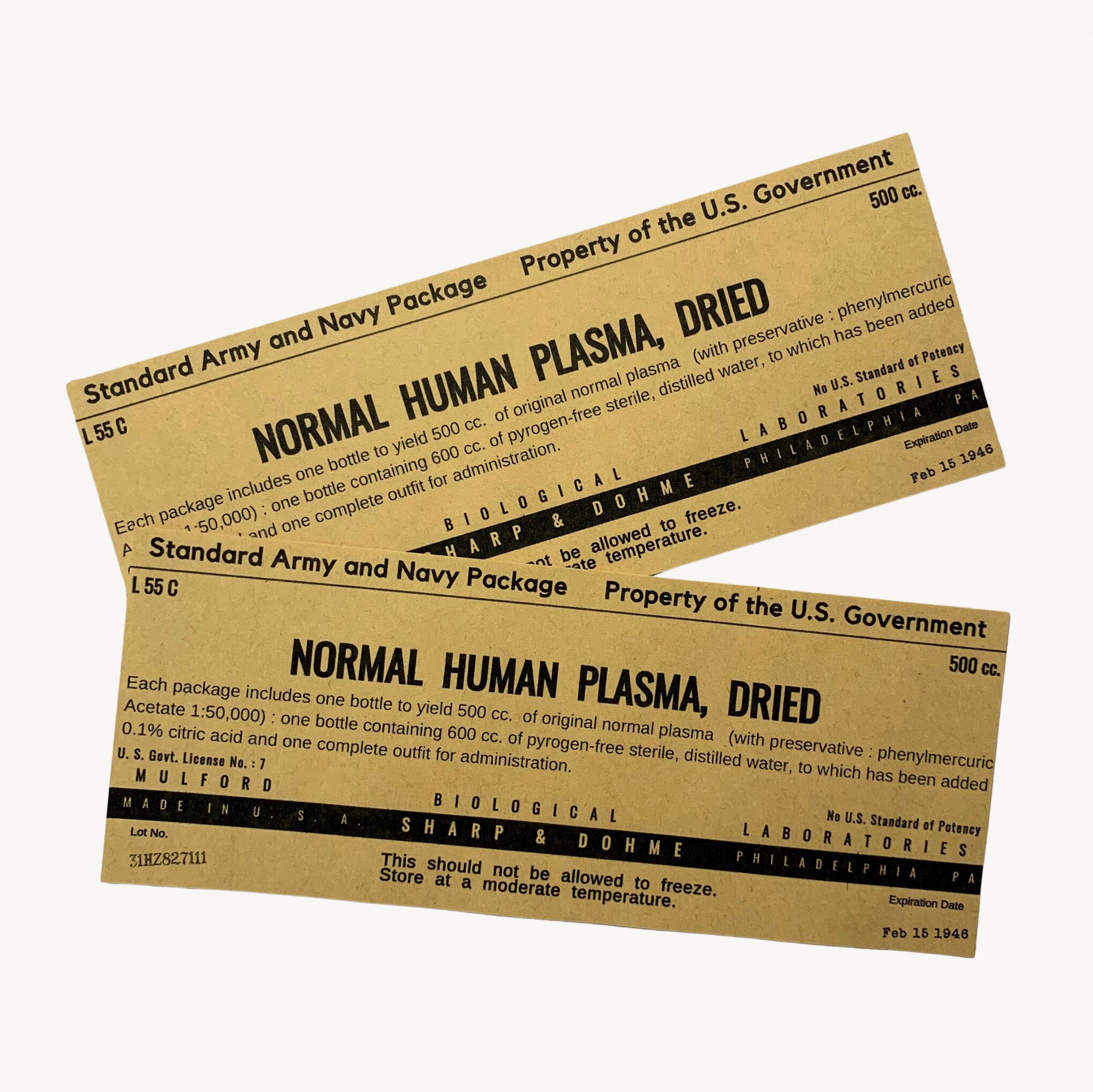 Plasma Box Labels, for WW2 US Army Reenactment, US Medical Department ...