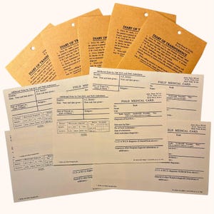 Conjunto de 5 cartões médicos de campo para a reconstituição da RAMC britânica da Segunda Guerra Mundial, reconstituição médica britânica, reprodução