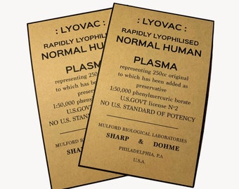 Plasma Label for Lyovac Plasma Bottle, WW2 US Army, WW2 Reproduction