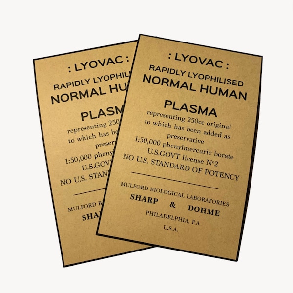 Plasma Label for Lyovac Plasma Bottle, WW2 US Army, WW2 Reproduction