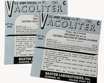 Vacoliter Saline Dextrose Solution Labels, for WW2 US Army Reenactment, US Medical Department, Reproduction