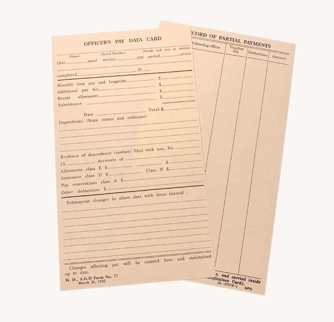 Officer Pay Card for US Army WW2 GI Reenactment Pocket Filler ...