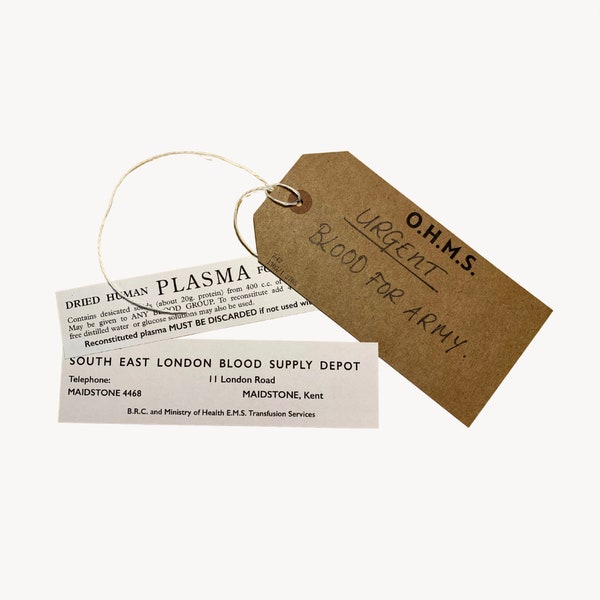 Plasma Bottle Set, Medical Labels for WW2 British RAMC Reenactment, Reproduction