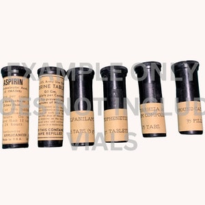 Pill Vial Labels, set of 6 Labels, Atabrine, Aspirin, for WW2 US Army Reenactment, US Medical Department, Reproduction image 2