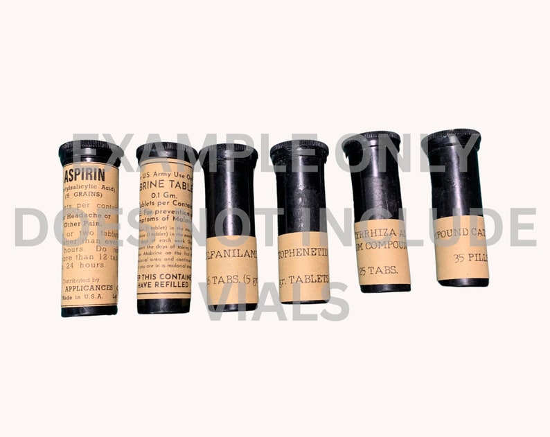 Pill Vial Labels, set of 6 Labels, Atabrine, Aspirin, for WW2 US Army Reenactment, US Medical Department, Reproduction image 2