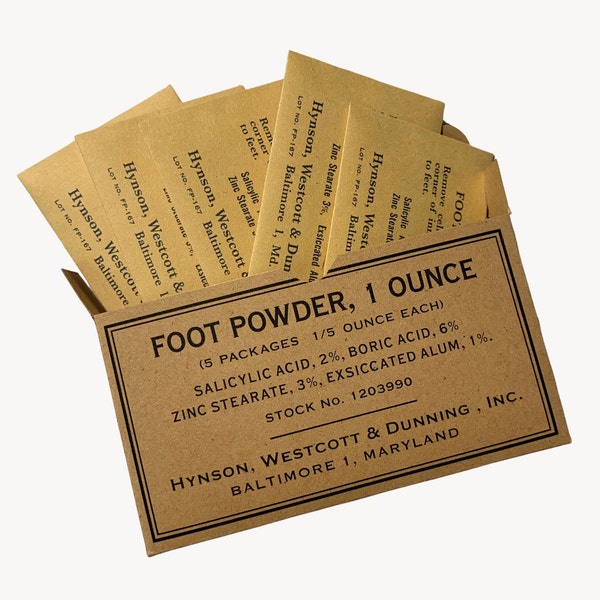 Foot Powder Box and 5 Sachets for US WW2 Medical Kit Vehicle First Aid, Reproduction