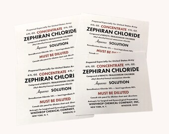 Etiquetas de réplica de cloruro de zefirán, etiquetas de alcohol quirúrgico del ejército estadounidense de la Segunda Guerra Mundial, reproducción de la Segunda Guerra Mundial, réplica de utilería cinematográfica para recreación médica de la Segunda Guerra Mundial