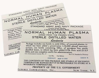 Etiquetas de caja de plasma para recreación histórica de la Segunda Guerra Mundial, Departamento Médico de EE. UU., réplica de utilería cinematográfica de la Segunda Guerra Mundial.
