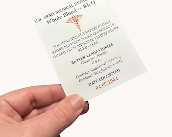 Etiquetas de sangre para recreación de la Segunda Guerra Mundial del Ejército de EE. UU., Departamento Médico de EE. UU., reproducción, réplica de utilería de película médica de la Segunda Guerra Mundial