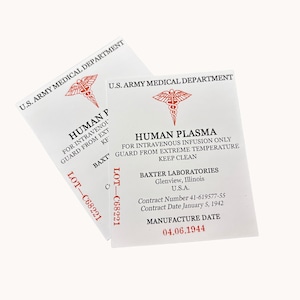 Plasma Label for Plasma Bottle, WW2 US Army, Reproduction