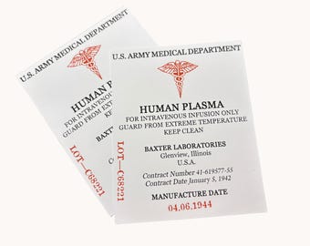 Plasma Label for Plasma Bottle, WW2 US Army, Reproduction
