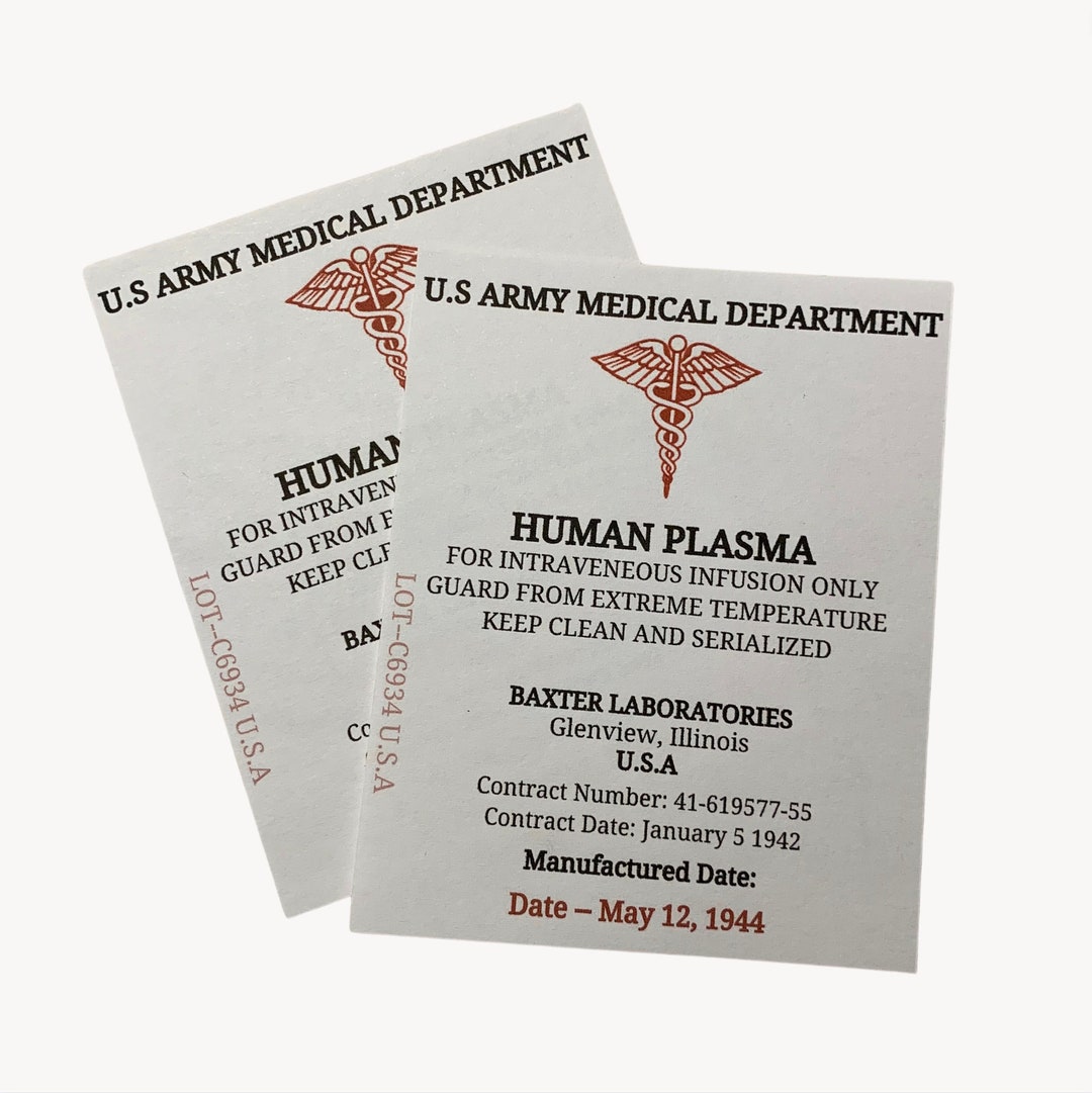 Plasma Label for Plasma Bottle, WW2 US Army, Reproduction Etsy
