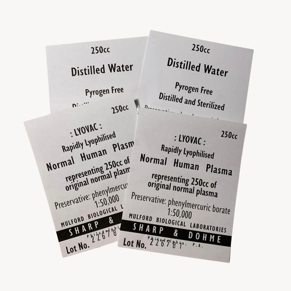 Distilled Water and Plasma Lyovac Labels Set for Plasma Bottles, WW2 US Army, Reproduction