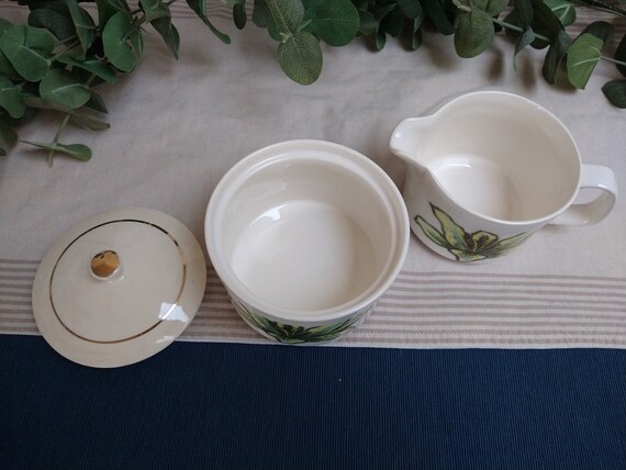 Royal Worcester Palissy Orchid Sugar Bowl with Lid and Creamer Floral England 70's Royal Worcester Palissy Orchid Sugar Bowl with Lid and Creamer Floral England 70's