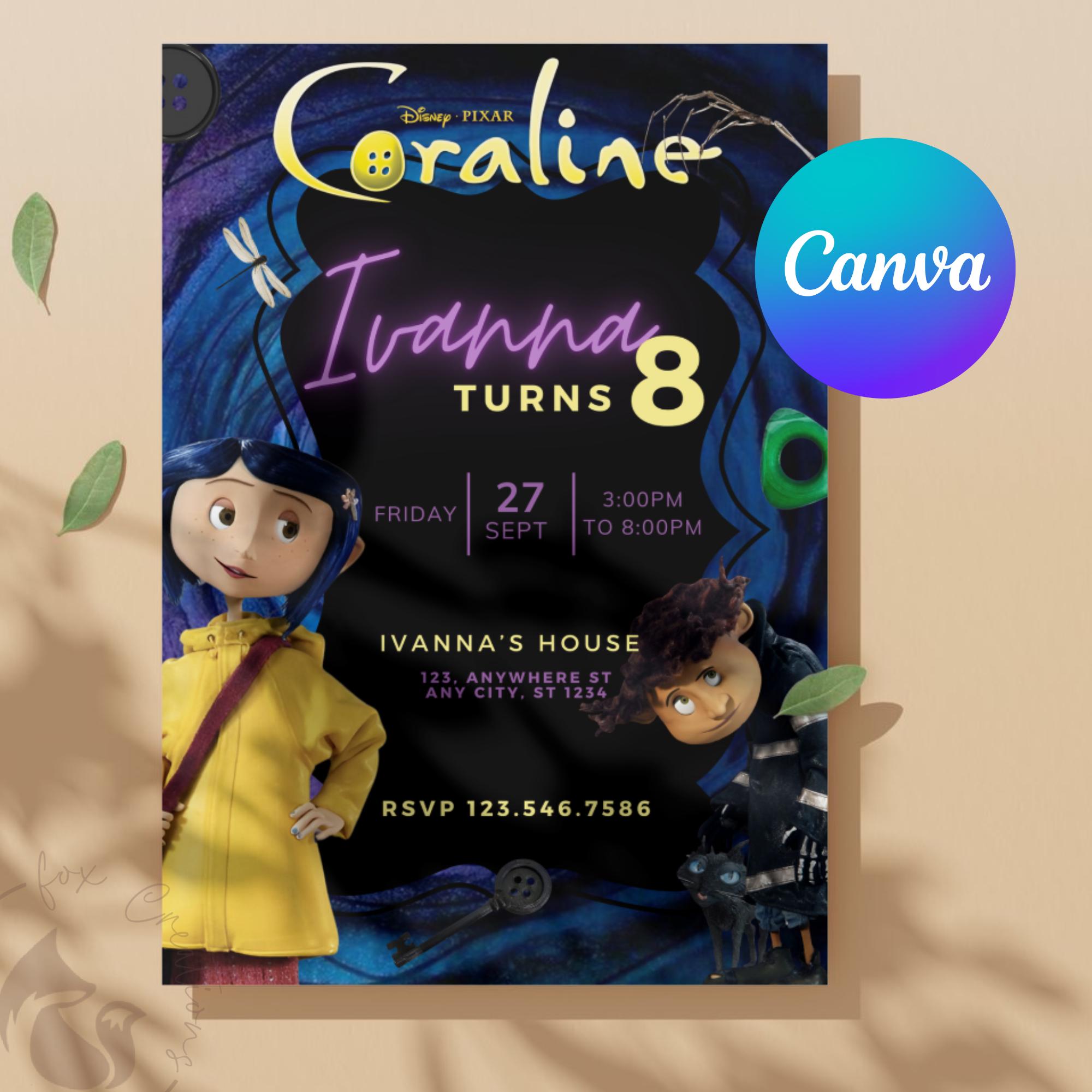 Digital Invitation Coraline, Party Editable Canva Invitation, Editable