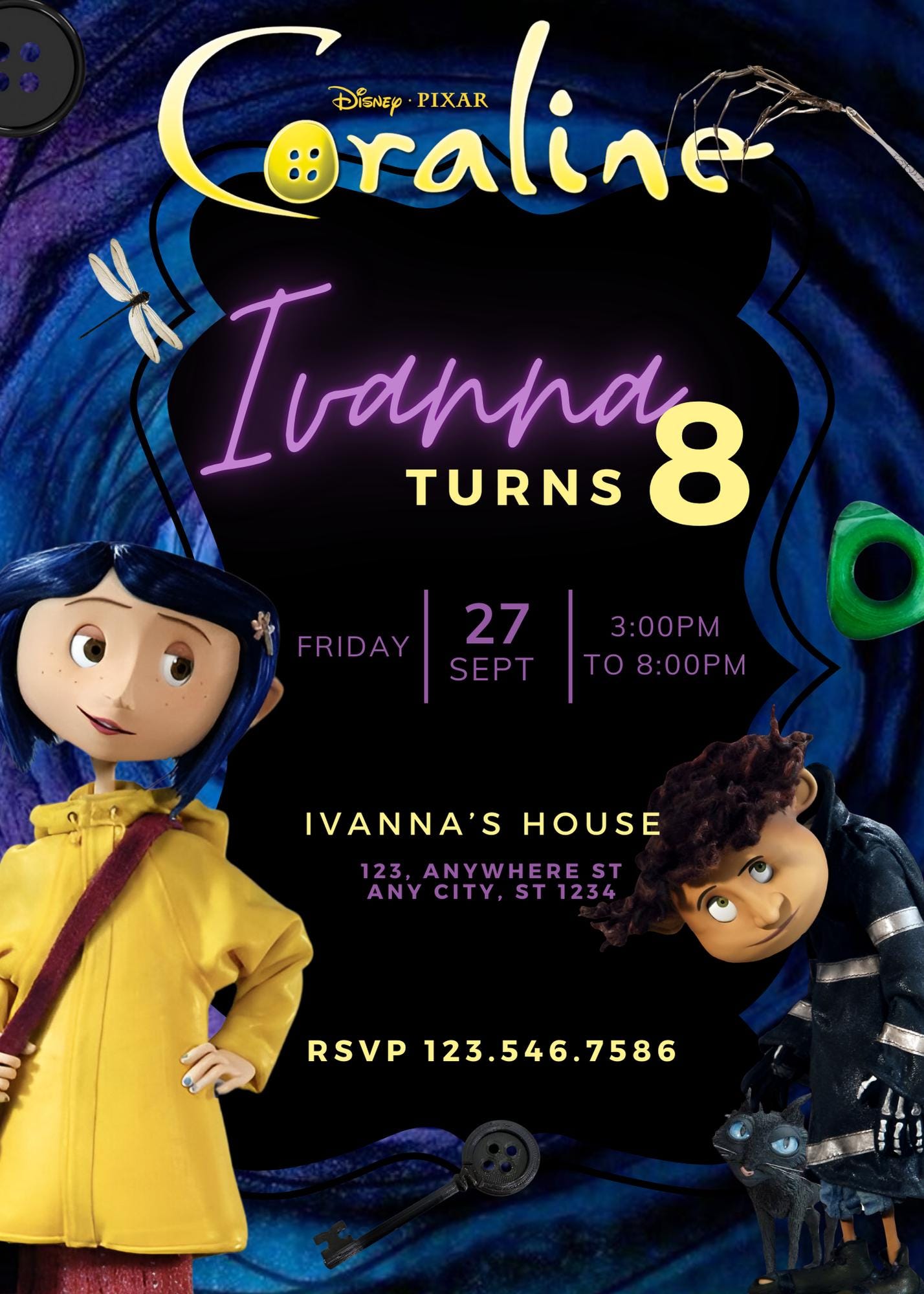 Digital Invitation Coraline, Party Editable Canva Invitation, Editable