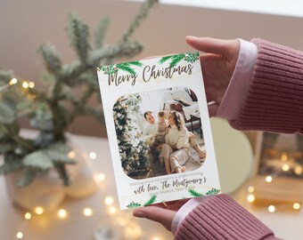 Photo Christmas Card Template | Holly Editable Holiday Cards | Christmas Card |  Merry Christmas Card Digital Download