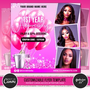 Flyer de aniversário empresarial: modelo para salão de beleza (editável no Canva)