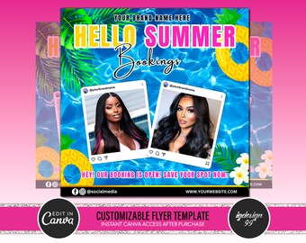 May include: A pink and blue summer themed flyer with the text "Hello Summer Bookings" and two Instagram photos of women. The flyer also includes the text "Hey! Our booking is open! Save your spot now!" and the text "@socialmedia" and "www.yourwebsite.com".