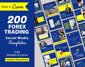 May include: A blue and yellow graphic design template for social media posts about forex trading. The text "200 Forex Trading Social Media Templates" is in white on a blue background. The text "Fully Editable In Canva" and "Instant Download" are in white on a yellow background. The template is designed to be used for marketing and advertising forex trading services.