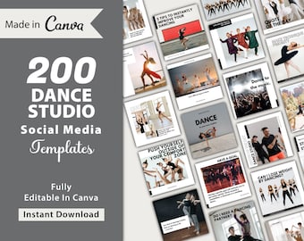 Plantillas de redes sociales para estudios de danza: 200 publicaciones en Canva (descarga digital)
