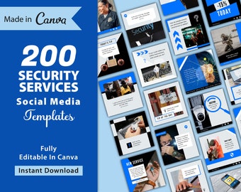 Peut inclure: Une collection de 200 modèles de médias sociaux pour les entreprises de services de sécurité. Les modèles présentent un schéma de couleurs bleu et blanc avec des images de caméras de sécurité, de serrures et d'autres articles liés à la sécurité. Le texte "200 Security Services Social Media Templates" est affiché en gros caractères gras en haut de l'image. Le texte "Fully Editable In Canva" et "Instant Download" est également affiché sur l'image.
