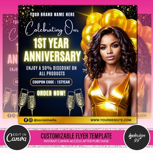 Flyer de aniversário empresarial: modelo para salão de beleza (editável no Canva)