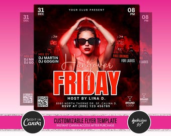 Editable DJ Party Flyer Template: Red Nightclub Event Design