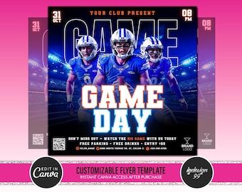 Könnte beinhalten: Werbeflyer für eine Spieltagsveranstaltung. Das Design zeigt drei Footballspieler in blauen Uniformen, die Worte "GAME DAY" in großen, fetten Buchstaben und Veranstaltungsdetails. Der Flyer ist anpassbar und sofort verfügbar.