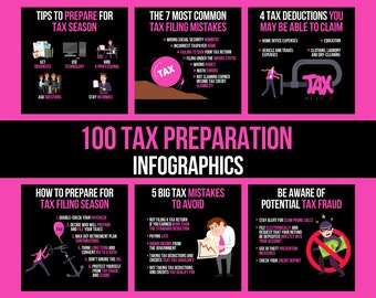 Può includere: Un'infografica rosa e nera con il titolo "100 Infografiche di preparazione fiscale". L'infografica è divisa in sei sezioni, ognuna con un argomento diverso legato alla preparazione fiscale. Gli argomenti includono consigli per prepararsi alla stagione fiscale, i sette errori più comuni nella presentazione delle tasse, quattro detrazioni fiscali che potresti essere in grado di richiedere, come prepararsi alla stagione fiscale, cinque grandi errori fiscali da evitare ed essere consapevoli di potenziali frodi fiscali.