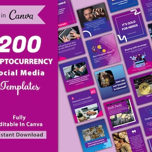 Puede incluir: Un collage de 200 plantillas de redes sociales para criptomonedas, con imágenes de monedas, gráficos y texto. Las plantillas son totalmente editables en Canva y se pueden descargar instantáneamente. El texto "Made in Canva" y "200 Cryptocurrency Social Media Templates" se muestra en un fondo morado.